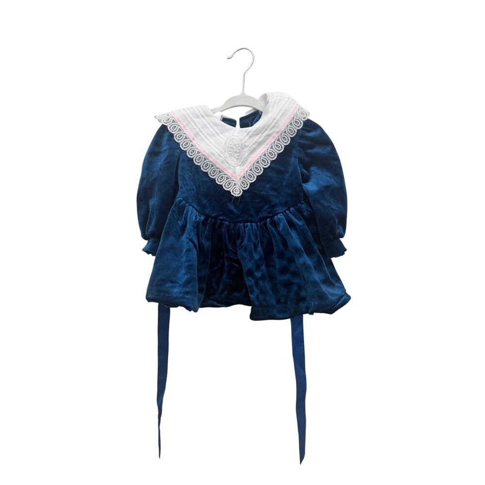 Vintage Pretty as a Picture Blue Panne Velvet Baby Dress Lace Collar 18M USA 90s